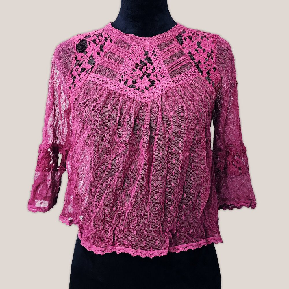 FREE PEOPLE Lace Pink Purple Blouse Embroidered Floral Top